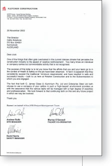Fletcher challenge testimonial for site safety and professionalism in a high hazard environment. 